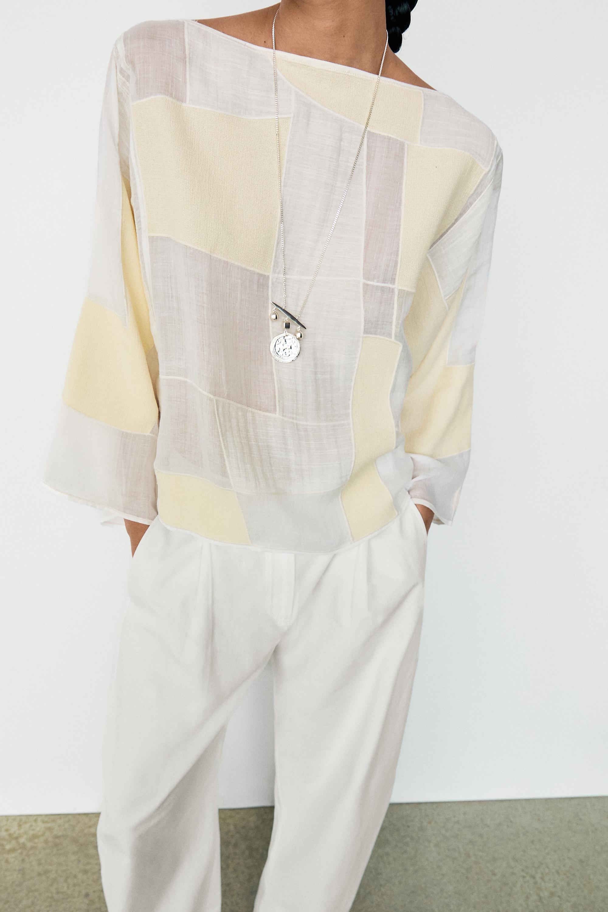 Patchwork print boat neck blouse